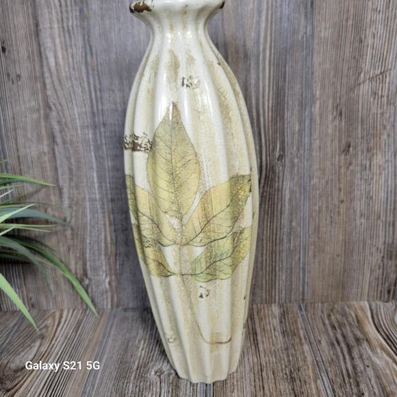 Vintage Green Leaf Vase, Ceramic Bottle Neck Vertical Rib Pottery - Picture 2 of 6